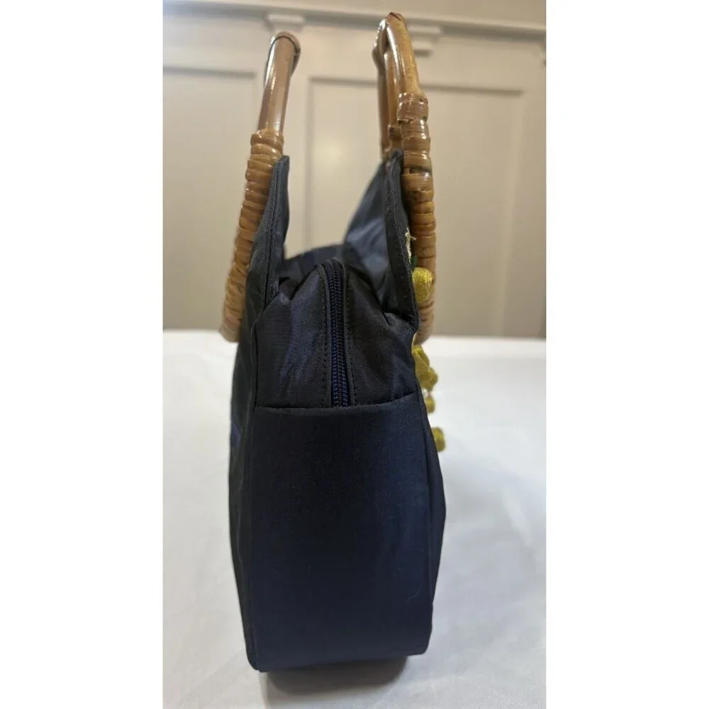 Nehas Cane Handle Blue Silk Floral Embroidered Handbag
